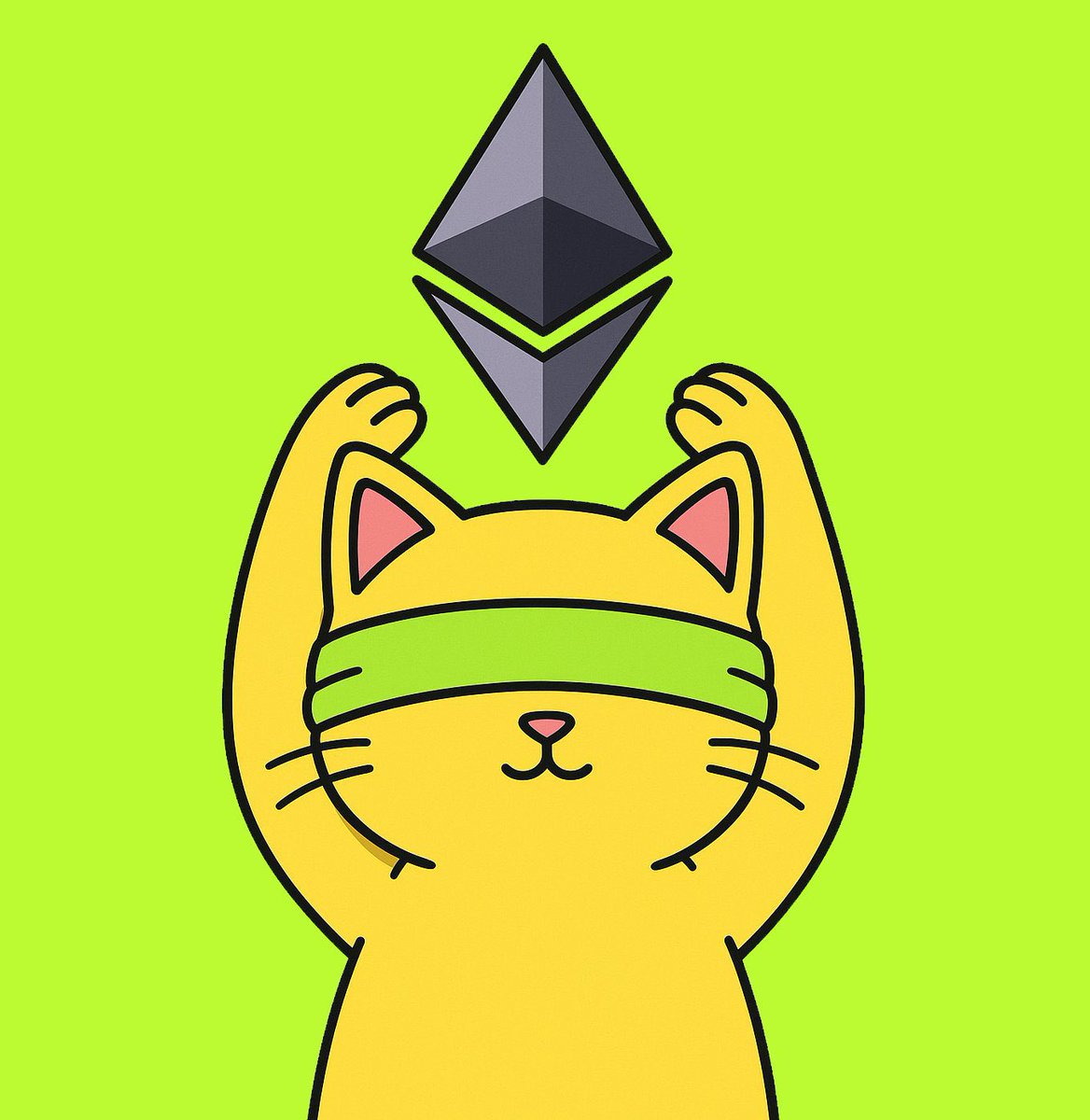 Blindfolded cat holding Ethereum logo