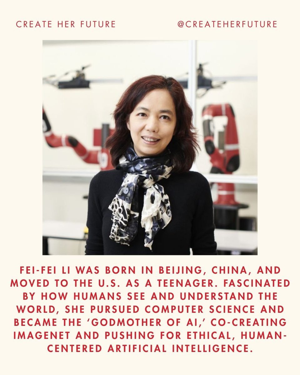 CreateHerFuture's tweet photo. Meet Fei-Fei Li 👩‍💻🤖
AI scientist 🔬, Stanford prof 🎓 &amp; co-founder of @ai4all 💡.
She proves AI isn’t just about machines it’s about people ❤️🌍.
“Humanity is at the heart of AI.” 💡

#WomenInTech #AIForAll #SheBuildsTheFuture https://t.co/sV2klwHXI0