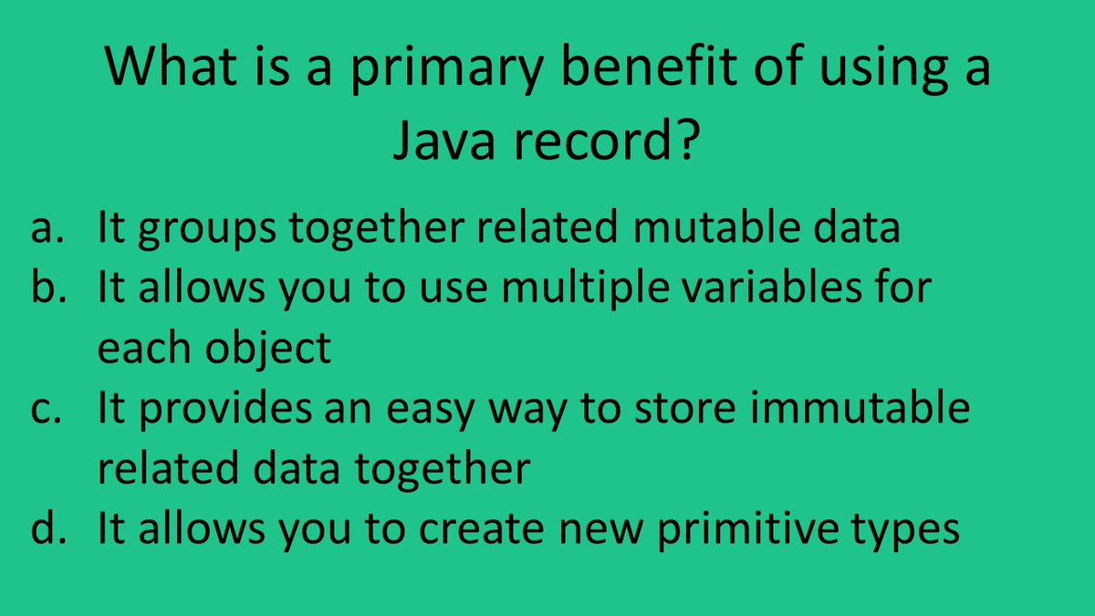 CrystalLFurman's tweet image. This week's quiz series is on records.
Check your knowledge on records and if you need to learn more, visit the Learn.java website here: learn.java/learning/tutor…
#learnjava #teachjava #javaprogramming