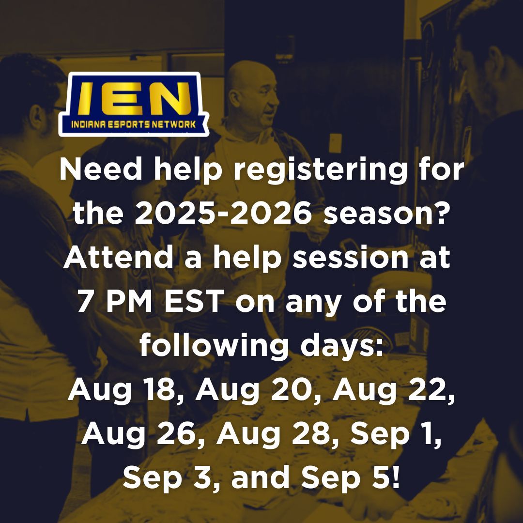 Indiana Esports Network (@esportsindiana) on Twitter photo Need help with registration?  We have you covered!  Join a call to get help with the whole process or just for a quick double check to make sure your teams are registered correctly.  Need the link for the meeting?  Check the IEN Discord or contact IEN for more info. Need help with registration?  We have you covered!  Join a call to get help with the whole process or just for a quick double check to make sure your teams are registered correctly.  Need the link for the meeting?  Check the IEN Discord or contact IEN for more info.