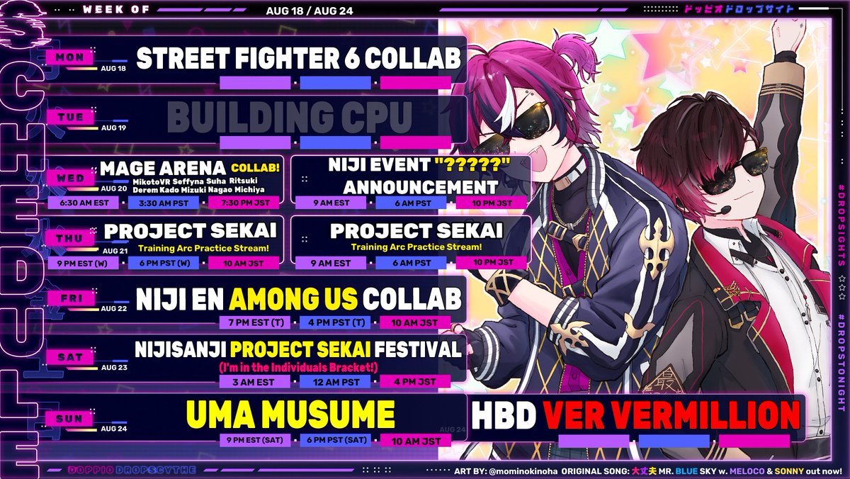 ✨SHINING FRIENDSHIP!✨【8/18-8/24】
🐣CLIPS: #Doppameme
🎡LIVE: #Dropstonight
🐣ART: #Dropsights NSFW: #Dropshy
🎡ASSETS: #Doppioassets
🐣STREAM THUMBNAILS: #Doppionails
🎡VP REACTS: #DoppioVP
🐣PAPE: #Piopape
🎡COSPLAY: #Dripscythe 
🐣ORISONG: youtube.com/watch?v=OkaAHh…