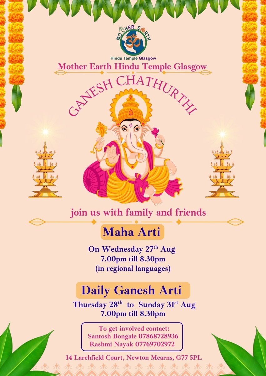 MEHTGlasgow's tweet photo. We are looking for devotees to sing Ganapati arti in their mother tongue / regional language on Day 1 ie 27th Wednesday, and volunteers to help with other logistics.

#ganpatibappamorya #jaiganesh #jaiganeshdeva #GaneshChaturthi2025 #ganeshchaturthi #ganesh #ganpati #ganpatibappa https://t.co/u292x8Arya