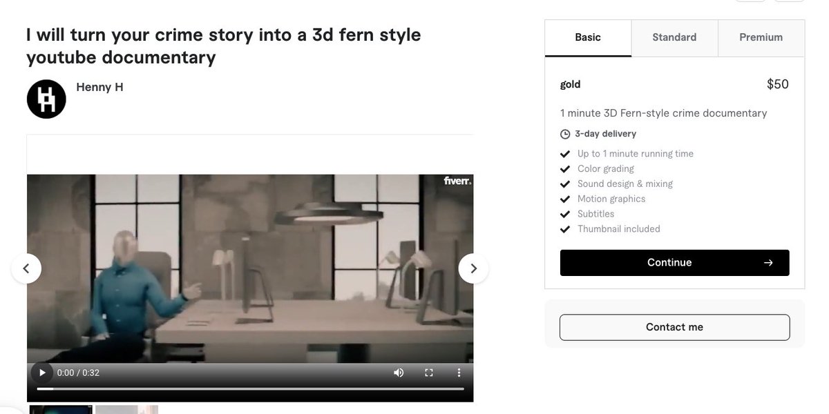 Fiverr is so wild, people be stealing fern's content straight from the video and markets it as their own.

Also 50$/min for 3D animations is wild but I am guessing he never sat on blender anyway.
