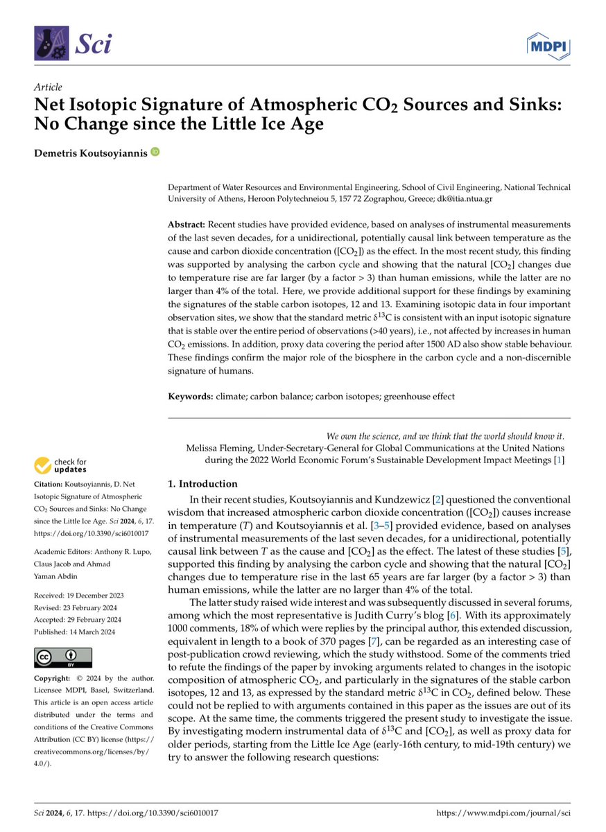 CO2 growth in the atmosphere is not from human carbon fuel emissions.

Read and learn

“1From modern instrumental carbon isotopic data of the last 40 years, no signs of human (fossil fuel) CO2 emissions can be discerned;

2Proxy data since the Little Ice Age suggest that the