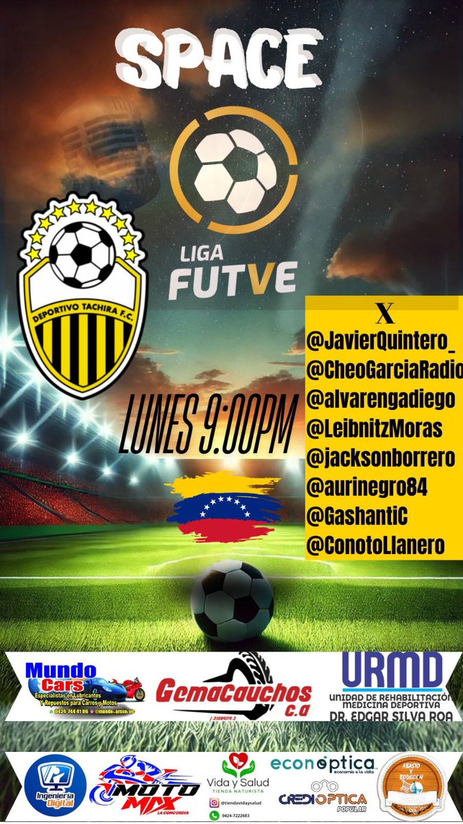 Esta noche: 
9️⃣0️⃣0️⃣🅿️Ⓜ️ 🇻🇪
SPACE LigaFUTVE 
Resultados #J7
Tabla de posiciones 
Clausura 2025 
Tachira perdió el invicto.
<a href="/javierQuintero_/">@JAVIERQUINTEROSC</a> 
<a href="/CheoGarciaRadio/">Jose Cheo García</a> 
<a href="/alvarengadiego/">Diego Alvarenga</a> 
<a href="/LeibnitzMoras/">Leibnitz</a> 
<a href="/aurinegro84/">Pepe Vera</a> 
<a href="/jacksonborrero/">jackson borrero</a> 
<a href="/GashantiC/">Carlos Marcelo Greco Galanti 🥹</a> 
<a href="/ConotoLlanero/">Dr. Carlos Villanueva🇻🇪💛🖤⚽️#DiosEsBueno</a>