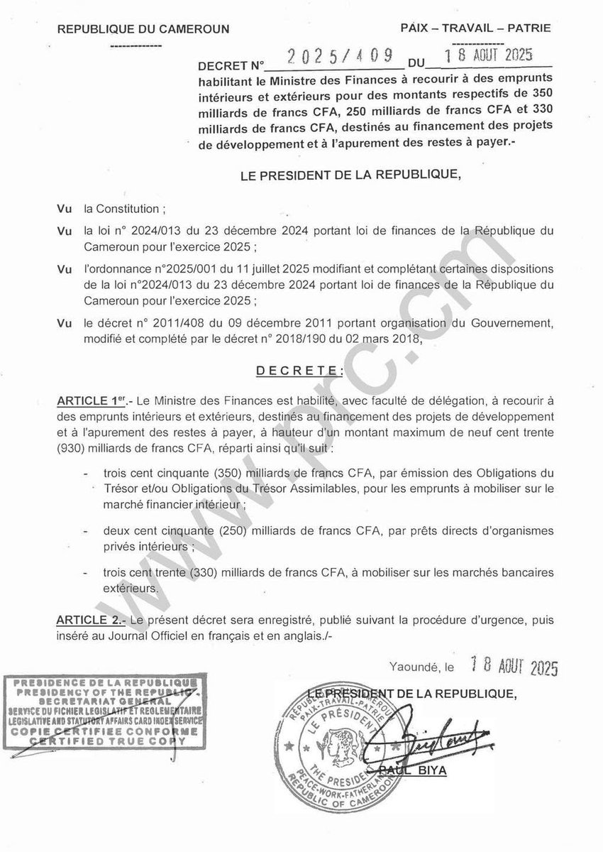 TheCameroonianZ's tweet photo. Décret habilitant le MinFi #Cameroon à recourir à des #emprunts intérieurs et extérieurs, destinés au financement des projets de développement et à l’apurement des restes à payer. https://t.co/4ybESuao8s