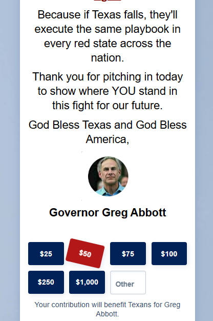 .<a href="/GregAbbott_TX/">Greg Abbott</a> fundraising email using a recent FB post from <a href="/JoseyforHD124/">Josey Garcia</a>. #txlege