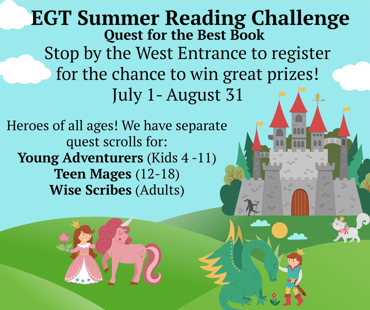 Finish off the summer with some fun! Set off on an adventure with the EGT Summer Reading Challenge!

Until August 31, readers of all ages can join the fun by picking up a special reading scroll at the West Entrance of the Township.

 But hurry, the challenge ends this month!