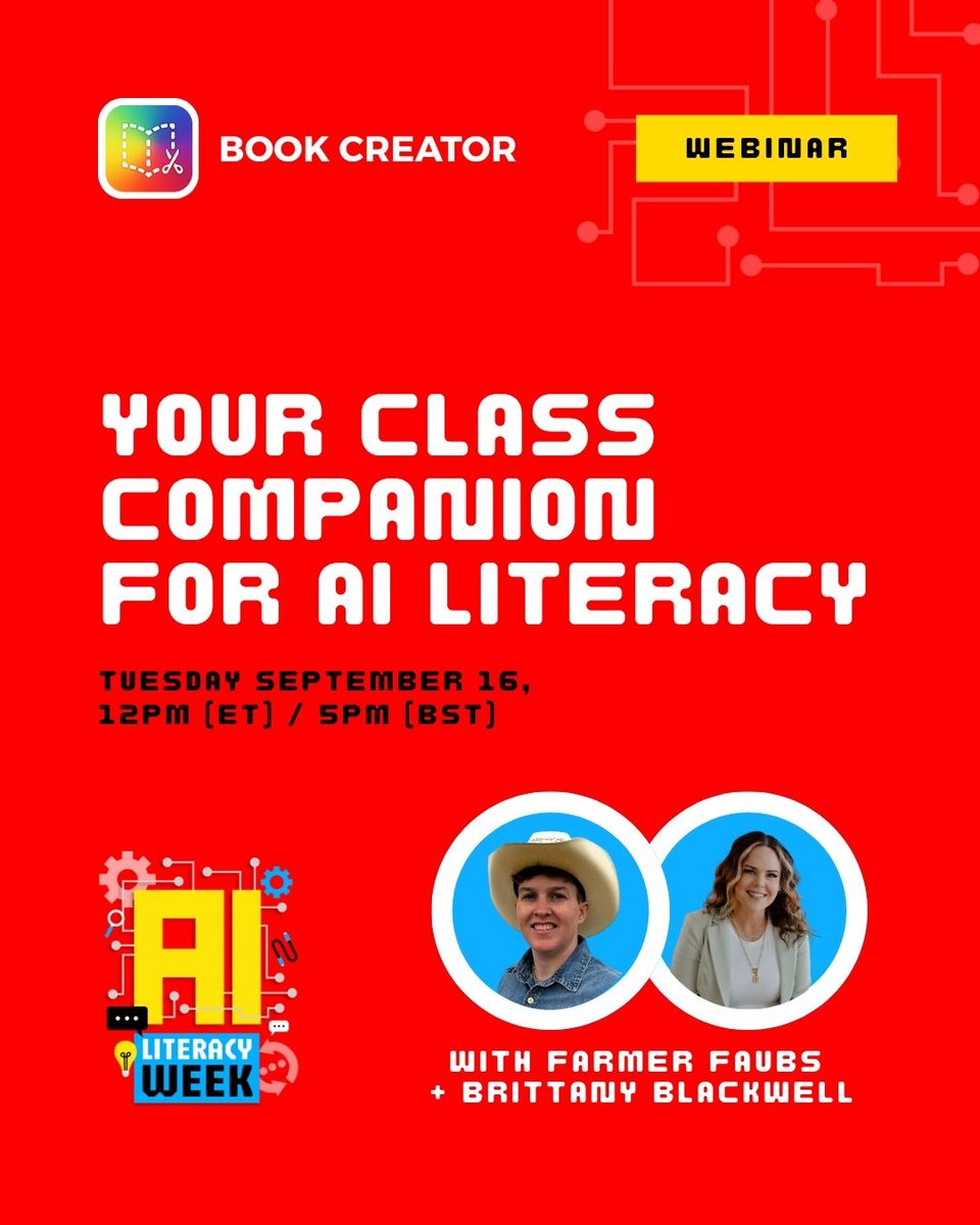BookCreatorApp's tweet photo. From lesson plans to student projects—make AI your classroom ally! 🤝 Farmer Fabs + Brittany Blackwell share how to build AI literacy that lasts.
https://t.co/zNg9Y3UC2M
#BookCreatorAI #AILiteracyWeek https://t.co/DBuekZoL5Q