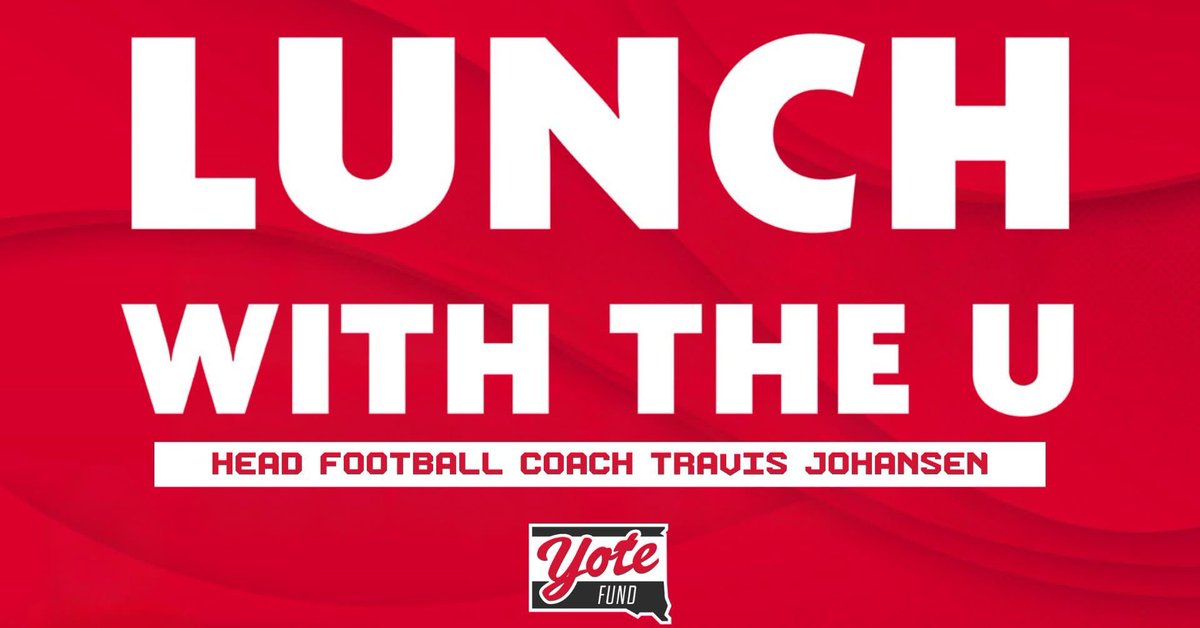 The Yote Fund (@yotefund) on Twitter photo Lunch with the U – Wednesday, Aug. 27!
Kick off Coyote Football season at the Sioux Falls Pizza Ranch on 41st St in Sioux Falls with <a href="/CoachTJohansen/">Travis Johansen</a>. Doors open at 11:30 a.m., program starts at noon!
#GoYotes x #WeAreSouthDakota Lunch with the U – Wednesday, Aug. 27!
Kick off Coyote Football season at the Sioux Falls Pizza Ranch on 41st St in Sioux Falls with <a href="/CoachTJohansen/">Travis Johansen</a>. Doors open at 11:30 a.m., program starts at noon!
#GoYotes x #WeAreSouthDakota