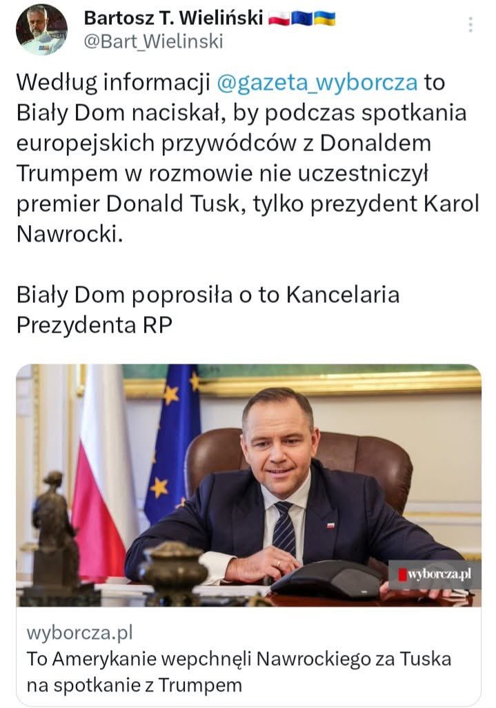 Ja chciałam przypomnieć osobom z bliskiego otoczenia Nawrockiego jak to było z tą ważną wizytą w Białym Domu na, której nie ma ani <a href="/donaldtusk/">Donald Tusk</a> ani Nawrocki. 

Wy się teraz <a href="/sikorskiradek/">Radosław Sikorski 🇵🇱🇪🇺</a> nie zasłaniajcie. 

Dyplomatołki.