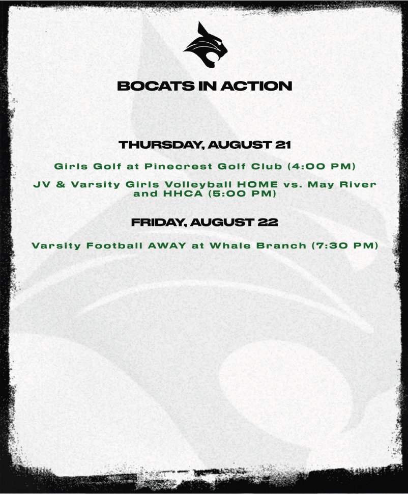 Bobcats in Action this week: come watch a volleyball game at home or travel to Whale Branch for football. Either way - support our athletes!
#itsbettertobeabobcat
#thebobcatstandard