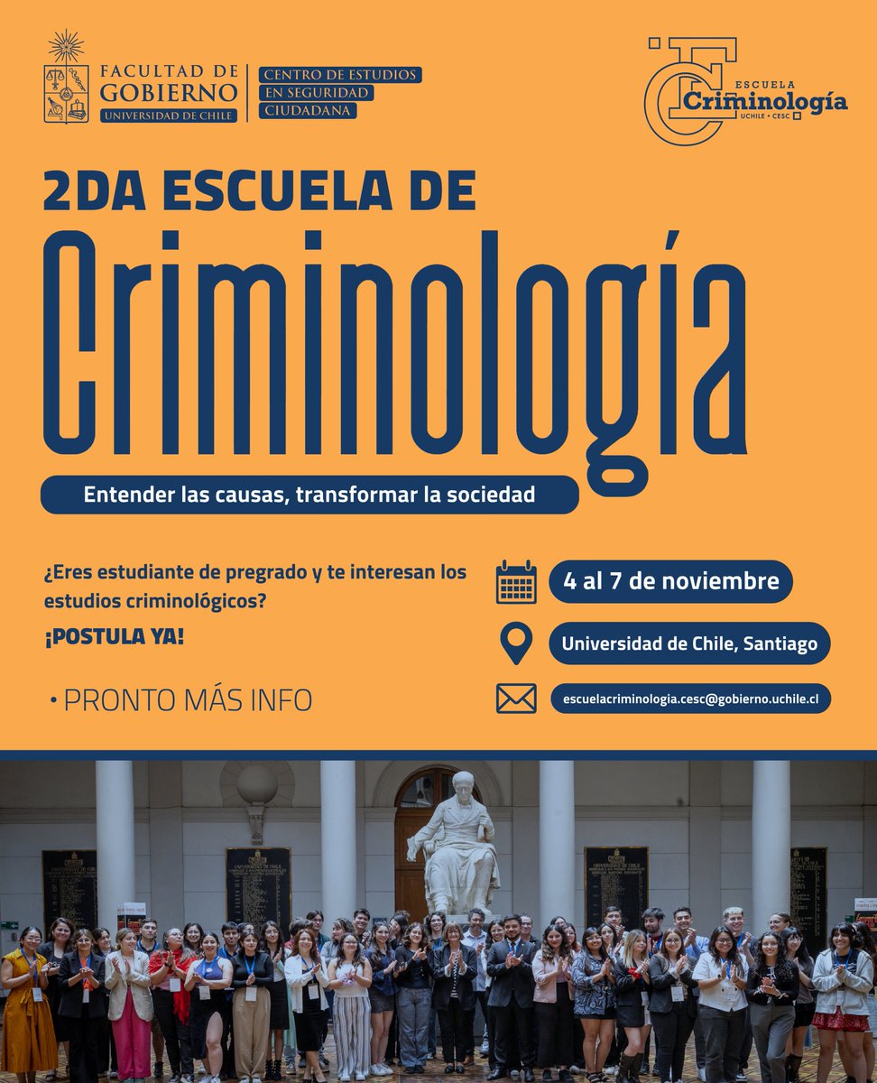CESC UChile (@cesc_uchile) on Twitter photo ¡SE ACABÓ LA ESPERA! 📚✨
Del 4 al 7 de nov se realiza la 2ª Escuela de Criminología del CESC (<a href="/gobierno_uchile/">Facultad de Gobierno U. de Chile</a> <a href="/uchile/">Universidad de Chile</a>).
¿Eres estudiante o egresado/a? ¡Postula aquí 👉 lnkd.in/eQ2p3b9Y
cesc.uchile.cl | escuelacriminologia.cesc@gobierno.uchile.cl ¡SE ACABÓ LA ESPERA! 📚✨
Del 4 al 7 de nov se realiza la 2ª Escuela de Criminología del CESC (<a href="/gobierno_uchile/">Facultad de Gobierno U. de Chile</a> <a href="/uchile/">Universidad de Chile</a>).
¿Eres estudiante o egresado/a? ¡Postula aquí 👉 lnkd.in/eQ2p3b9Y
cesc.uchile.cl | escuelacriminologia.cesc@gobierno.uchile.cl