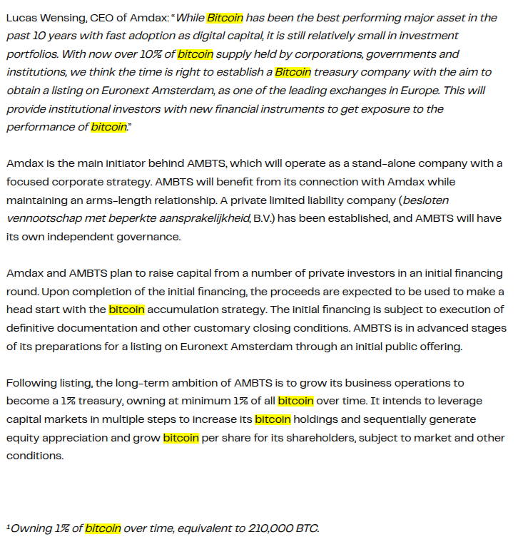 Amdax, a crypto company from Amsterdam, is making headlines with a bold new plan.
The company announced it will launch a Bitcoin treasury company called AMBTS on the Dutch stock exchange, Euronext Amsterdam.
The goal? To eventually hold at least 1% of all Bitcoin (~210,000 BTC)