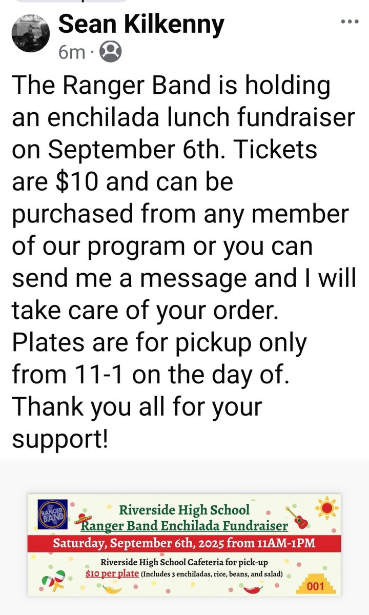 all_ranger's tweet photo. RangerBand is having an enchilada sale September 6th! Plates are $10. Get your tickets from any band member or from the Band Director himself! 😉 Enchilada plates are for pickup only! Be ready for Enchilada Saturday! https://t.co/bGIX0Dnr4Y