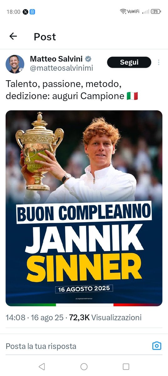 Chi ha esultato per lo scampato pericolo in semifinale forse ignorava che le sue maledizioni sono come i suoi treni.

In ritardo. 

#Sinner 
#CincinnatiOpen
