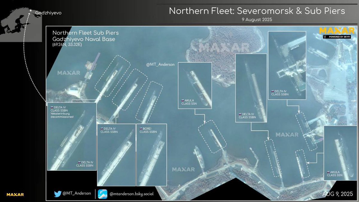 18 Aug might be a busy day for RuNAVY. Fresh NOTAM around Novaya Zemlya may be for SLBM’s test at a min distance to Chizha test range. Some Ru media claimed K-114 «Tula» (Delta-IV class) SSBN is ready for SLBM’s test soon. But «Tula» was at Gadjievo base on 9 Aug 2025. 
1/2 ⬇️