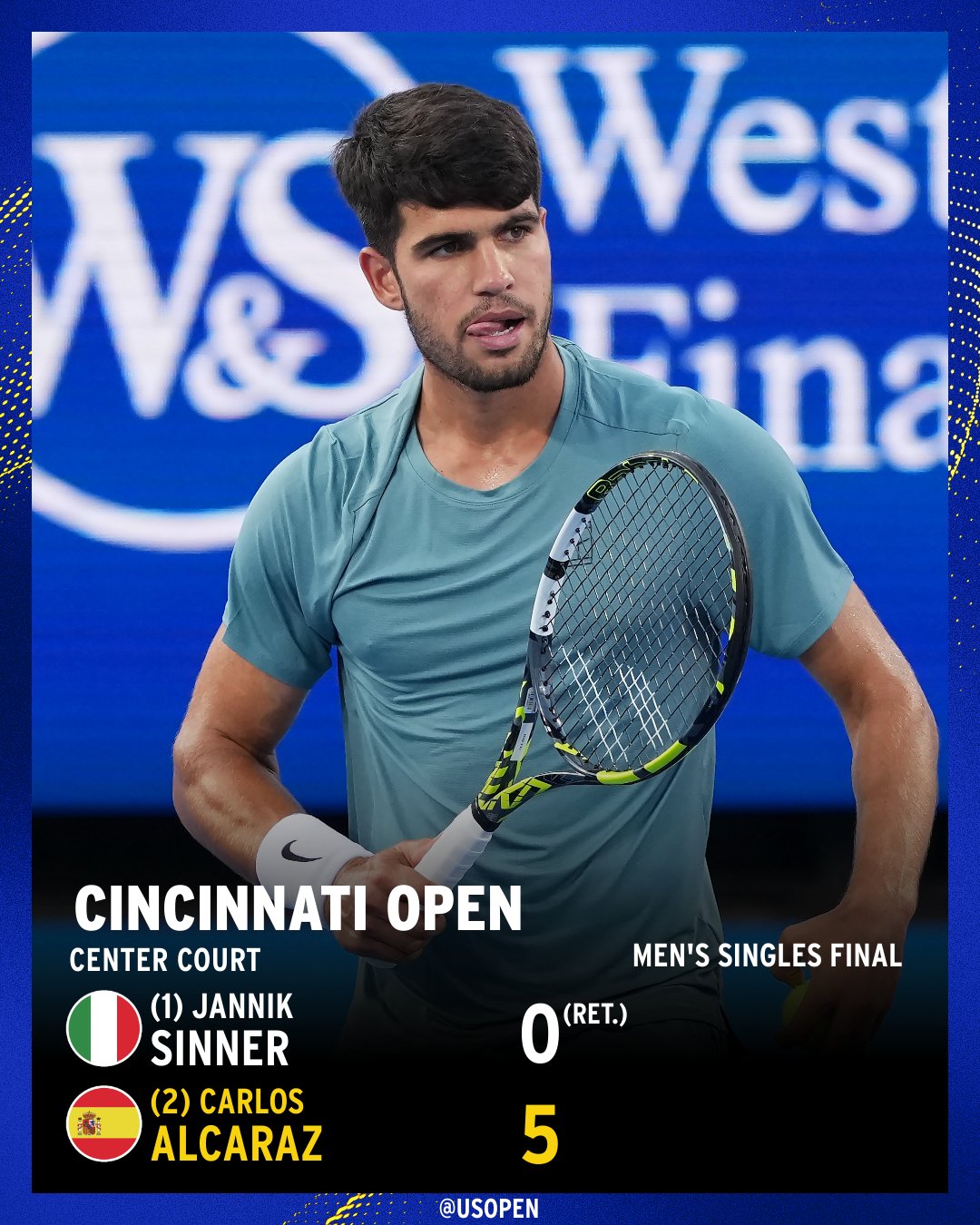 Alcaraz defeats Sinner 5-0, retirement