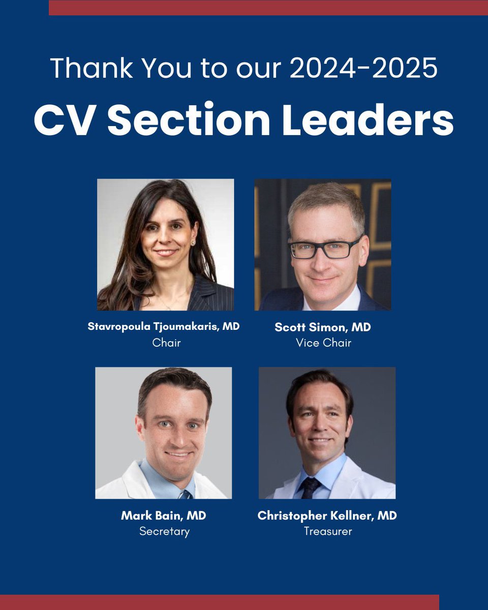 cvsection's tweet image. Grateful to our 2024–2025 CV Section Officers for their leadership this year. Drs. @StavTjoumakaris , Scott Simon, MD, @bainmd , @chriskellnerMD . Thanks also to our Members-at-Large, Nominating Committee &amp;amp; all committees for your contributions.

#CVSection #Neurosurgery