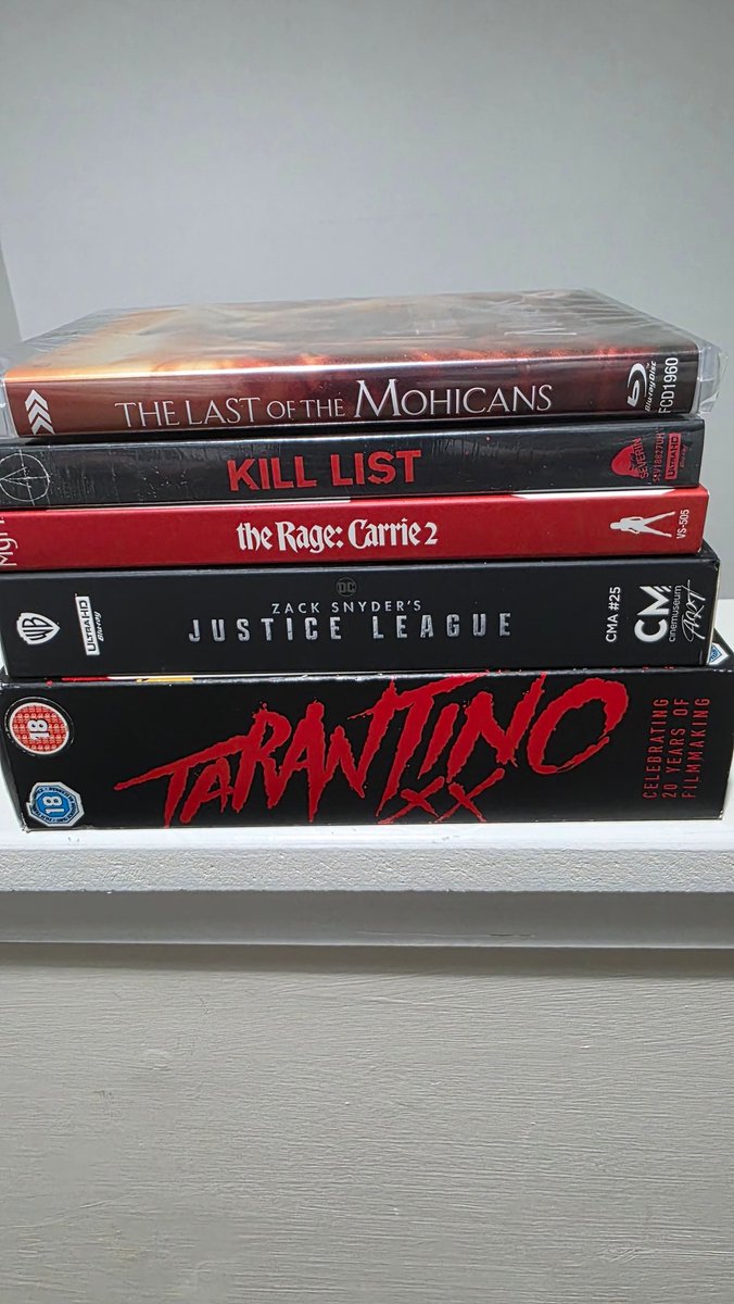 Probably the smallest stack in a few weeks for #MondayBlus . <a href="/SeverinFilms/">Severin Films</a> <a href="/VinegarSyndrome/">Vinegar Syndrome</a> <a href="/ArrowFilmsVideo/">Arrow Video</a> all on show and my first venture into Cinemuseum. 
Also grabbed this stunning Tarantino set to house all the 4k discs. #filmtwt #PhysicalMedia