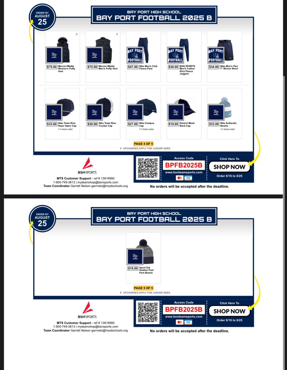 Bay Port Football (@bayportfootbal1) on Twitter photo Bay Port fans…please check out round 2 of our fall apparel order. This will ship DIRECT TO CONSUMER! Orders due by 8/25! #WIN #PiratePride <a href="/BayPortHS/">Bay Port High School</a>
Link: bsnteamsports.com/shop/BPFB2025B Bay Port fans…please check out round 2 of our fall apparel order. This will ship DIRECT TO CONSUMER! Orders due by 8/25! #WIN #PiratePride <a href="/BayPortHS/">Bay Port High School</a>
Link: bsnteamsports.com/shop/BPFB2025B