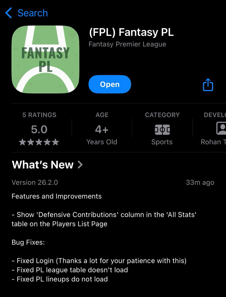 FantasyPLApp's tweet photo. iOS users 🎉

v26.2.0 (405) is available now, you can finally log in! 

League table and lineups also fixed ✅

v26.2.1 is in review that will auto refresh your session when it expires

Android still in review https://t.co/Mq8ruMukDd