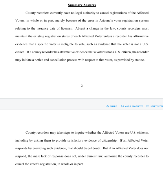JUST IN: Attorney General issues opinion on how AZ should treat 200K voters caught up in state error tracking voter citizenship. They should remain FULLY ELIGIBLE to vote, Mayes writes, because recorders don't have authority to remove them from rolls/make federal-only. STORY IN🧵