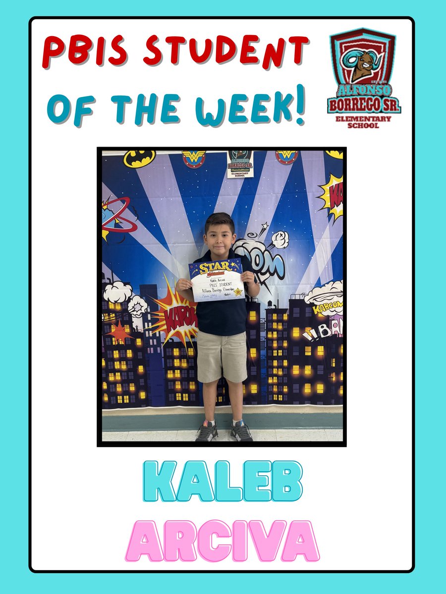 MsLorenaRobles's tweet image. 👏 Congrats to our PBIS Student of the Week, Kaleb Arciva from Ms. Muñoz’s class! Kaleb is kind, friendly, and always checks in on others. 💙 #PBIS #RamsPride @BorregoElem