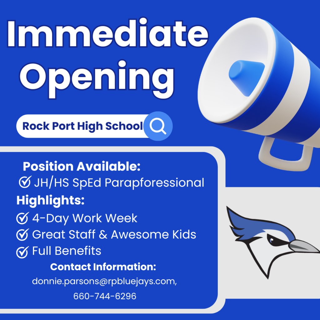 Immediate Job Opening for the 2025-26 School Year;
Spread the word!