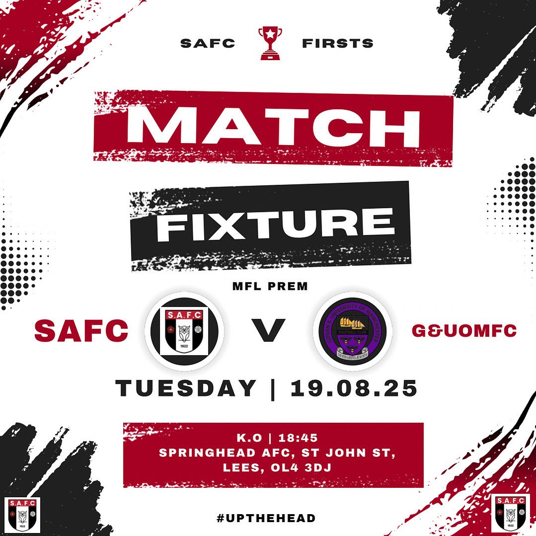 ‼️ NEXT UP ‼️ 

The firsts are at home vs Govan &amp; University of Manchester FC 1st’s - KO 18:45pm

Come down and support the lads! 💪🏼

#upthehead 
🇾🇪🔴⚫️