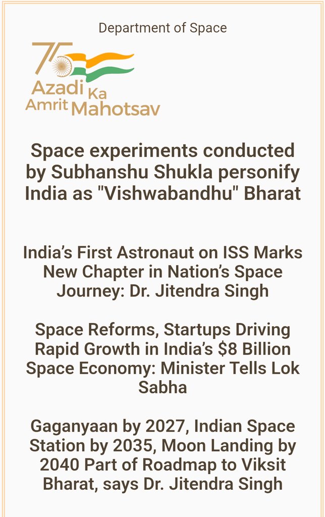 Space experiments conducted by Subhanshu Shukla personify India as "Vishwabandhu" Bharat

 Union Minister of State <a href="/DrJitendraSingh/">Dr Jitendra Singh</a> during a special discussion on “Critical Role of the Space Programme for Viksit Bharat by 2047” in the #LokSabha said that the Space experiments