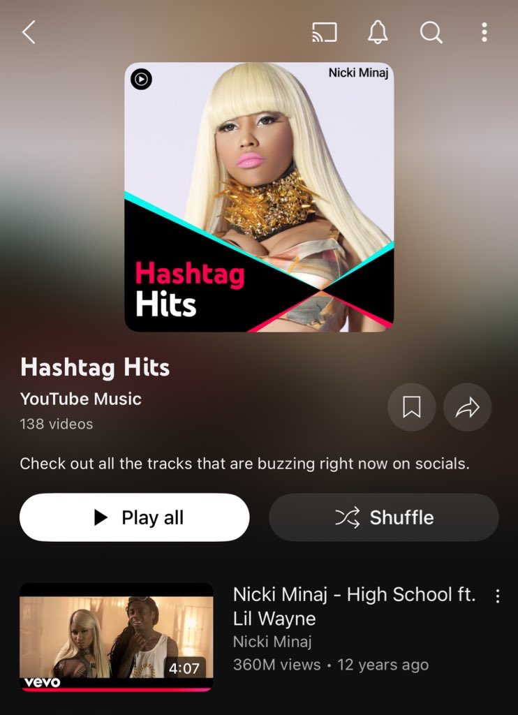 Chvn-C(Ιi)t 🥢 (@seasonmaraj) on Twitter photo .<a href="/NICKIMINAJ/">Nicki Minaj</a>’s “High School” is the number #1 song on <a href="/youtubemusic/">YouTube Music</a> “Hashtag Hits” playlist. “No Love” is also featured on the playlist
– She’s also the front cover 👸🏽 .<a href="/NICKIMINAJ/">Nicki Minaj</a>’s “High School” is the number #1 song on <a href="/youtubemusic/">YouTube Music</a> “Hashtag Hits” playlist. “No Love” is also featured on the playlist
– She’s also the front cover 👸🏽