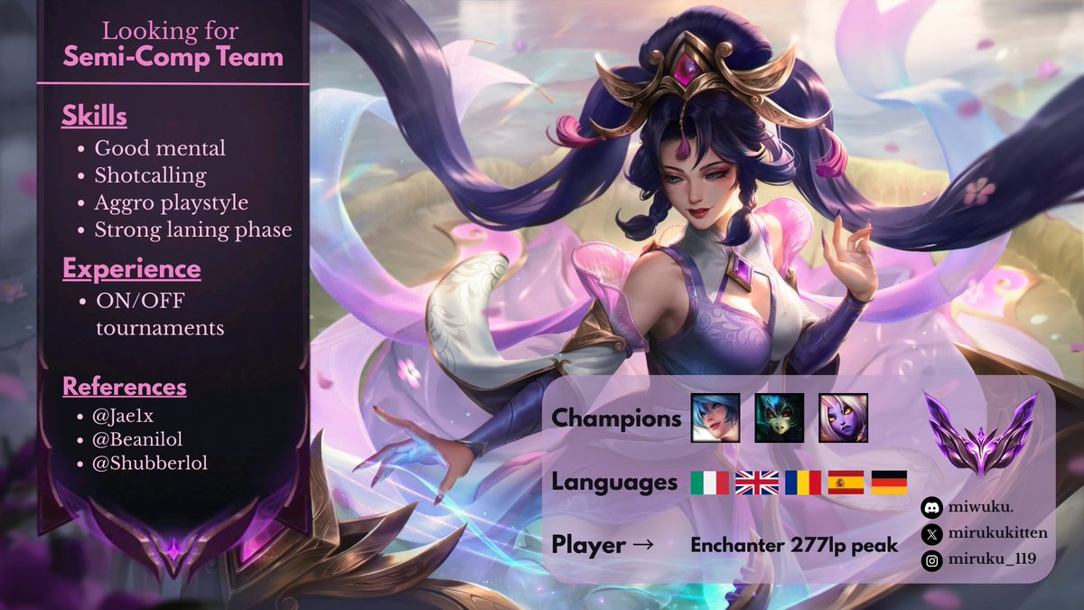 miruku. (@mirukukitten) on Twitter photo Trying something new —  LFT post 
Support main, enchanter enjoyer 
Looking for a semi-competitive team to improve with :3 Trying something new —  LFT post 
Support main, enchanter enjoyer 
Looking for a semi-competitive team to improve with :3
