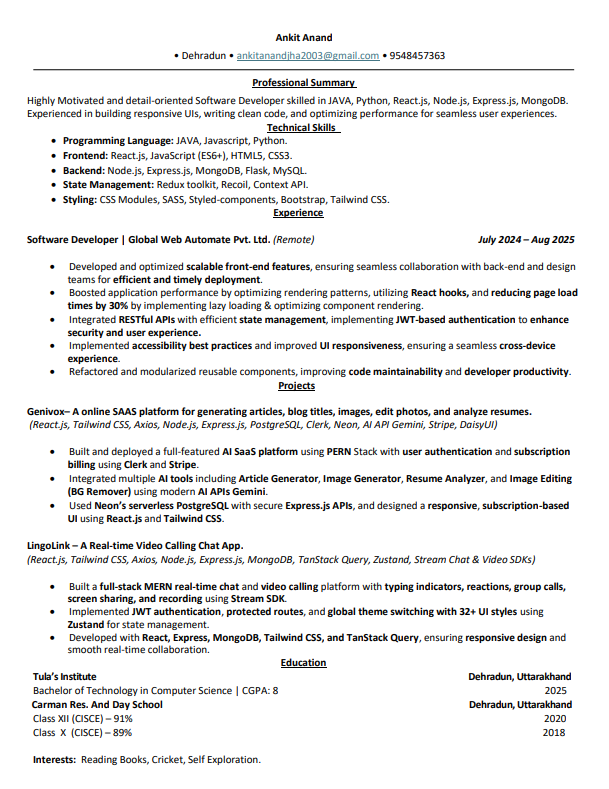 LearnWithAnkit's tweet image. 🌟 Open to Work 🌟

Looking for opportunities as a Software Developer | Full-Stack | Frontend | Backend Developer.

Excited to contribute, learn &amp;amp; build impactful products!

Let’s connect 🤝
#opentowork  #hiring  #SoftwareDeveloper  #TechJobs 
Below is my Resume👇
