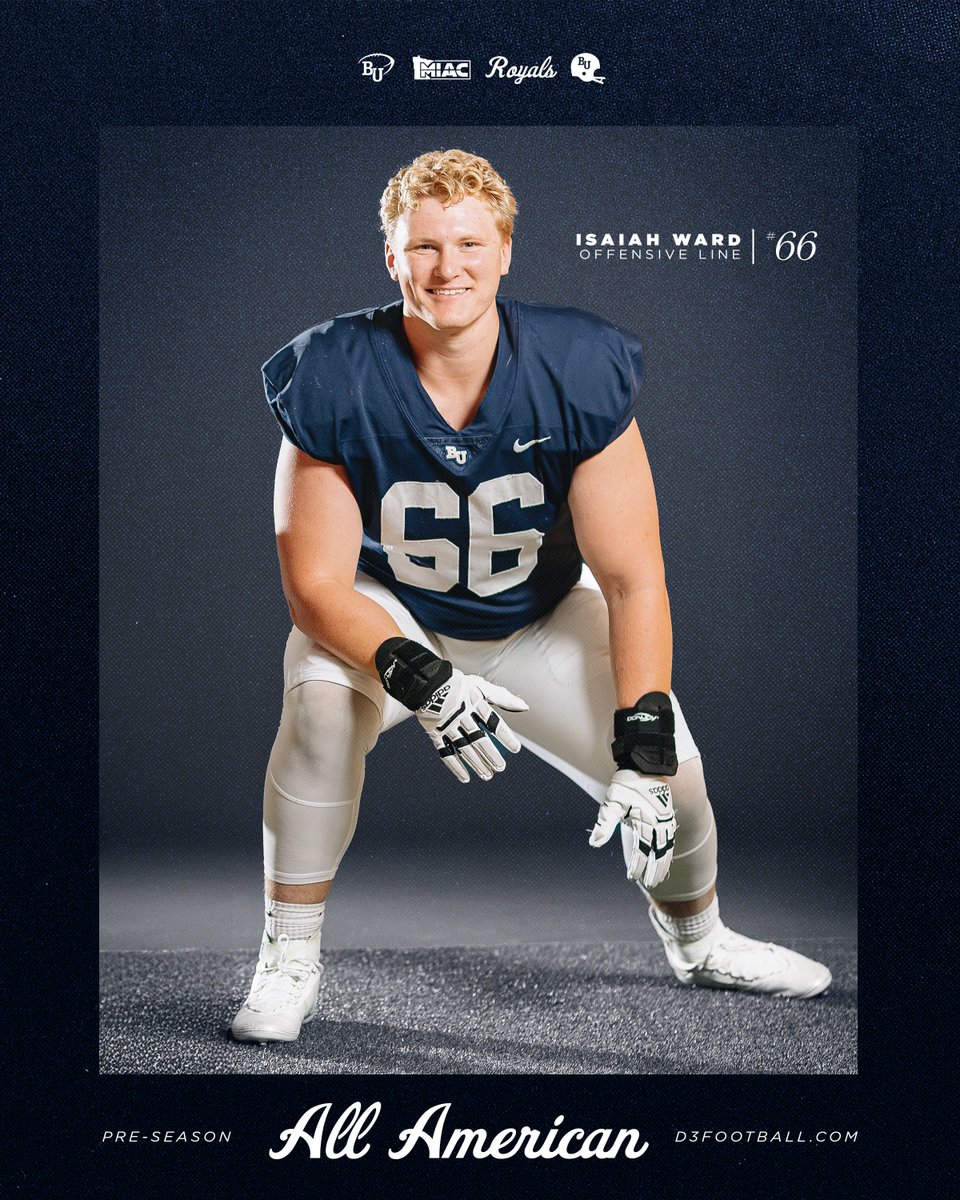 Bethel Football (@bethelroyalsfb) on Twitter photo ๐๐ซ๐๐ฌ๐๐๐ฌ๐จ๐ง ๐๐ฅ๐ฅ ๐๐ฆ๐๐ซ๐ข๐๐๐ง
Senior OL Isaiah Ward has been named <a href="/d3football/">D3football.com</a> Preseason First Team All American! ๐๐ซ๐๐ฌ๐๐๐ฌ๐จ๐ง ๐๐ฅ๐ฅ ๐๐ฆ๐๐ซ๐ข๐๐๐ง
Senior OL Isaiah Ward has been named <a href="/d3football/">D3football.com</a> Preseason First Team All American!
