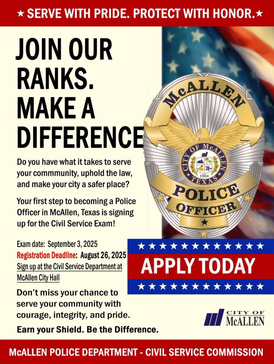 The City of McAllen Police Officer Entrance Examination is happening Wednesday, September 3, 2025  

📝 Application Deadline: Tuesday, August 26

📲 Applications available at McAllen City Hall - Human Resources Dept or online mcallen.net/advisory-board…

For questions: 956.681.1045