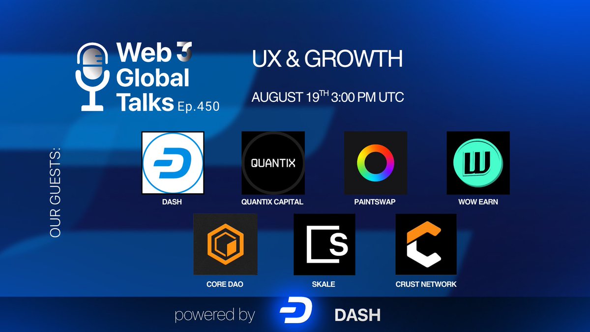 Web3 Global (@web3globalmedia) on Twitter photo 📻 #GM - Join us for Tuesday's Web3 Global Talks!
🎙️ Our Guests: <a href="/Dashpay/">Dash</a>, <a href="/QuantixCapital/">Quantix Capital</a>, <a href="/paint_swap/">paintswap</a>, <a href="/WOWEARNENG/">WOW EARN</a>, <a href="/Coredao_Org/">Core DAO 🔶</a>, <a href="/SkaleNetwork/">SKALE</a>, <a href="/CrustNetwork/">Crust Network</a>
Set your reminders 👇 📻 #GM - Join us for Tuesday's Web3 Global Talks!
🎙️ Our Guests: <a href="/Dashpay/">Dash</a>, <a href="/QuantixCapital/">Quantix Capital</a>, <a href="/paint_swap/">paintswap</a>, <a href="/WOWEARNENG/">WOW EARN</a>, <a href="/Coredao_Org/">Core DAO 🔶</a>, <a href="/SkaleNetwork/">SKALE</a>, <a href="/CrustNetwork/">Crust Network</a>
Set your reminders 👇