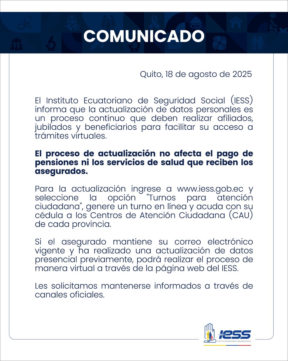 #IESSteComunica que la actualización de datos personales es un proceso continuo que deben realizar los asegurados para facilitar el acceso a trámites virtuales.

Este proceso no afecta al pago de pensiones ni servicios de salud.

Conoce más ⤵️