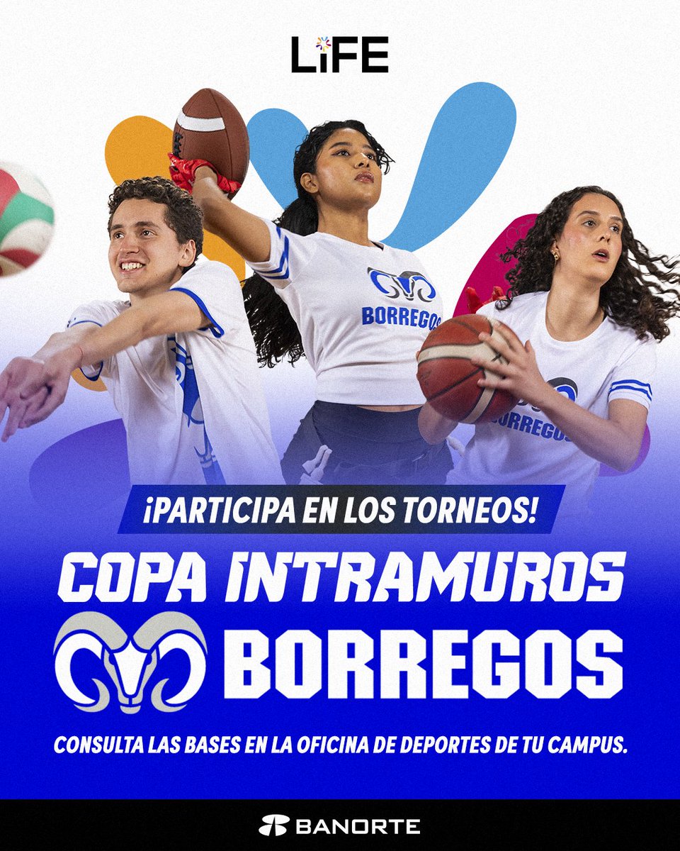 ¡Arma tu equipo y conquista la cancha! 🏆🔥​
Demuestren su talento y ganen la oportunidad de representar a su campus en la Copa Intramuros Borregos 2025.​
🎯 Exclusivo para estudiantes del Tecnológico de Monterrey