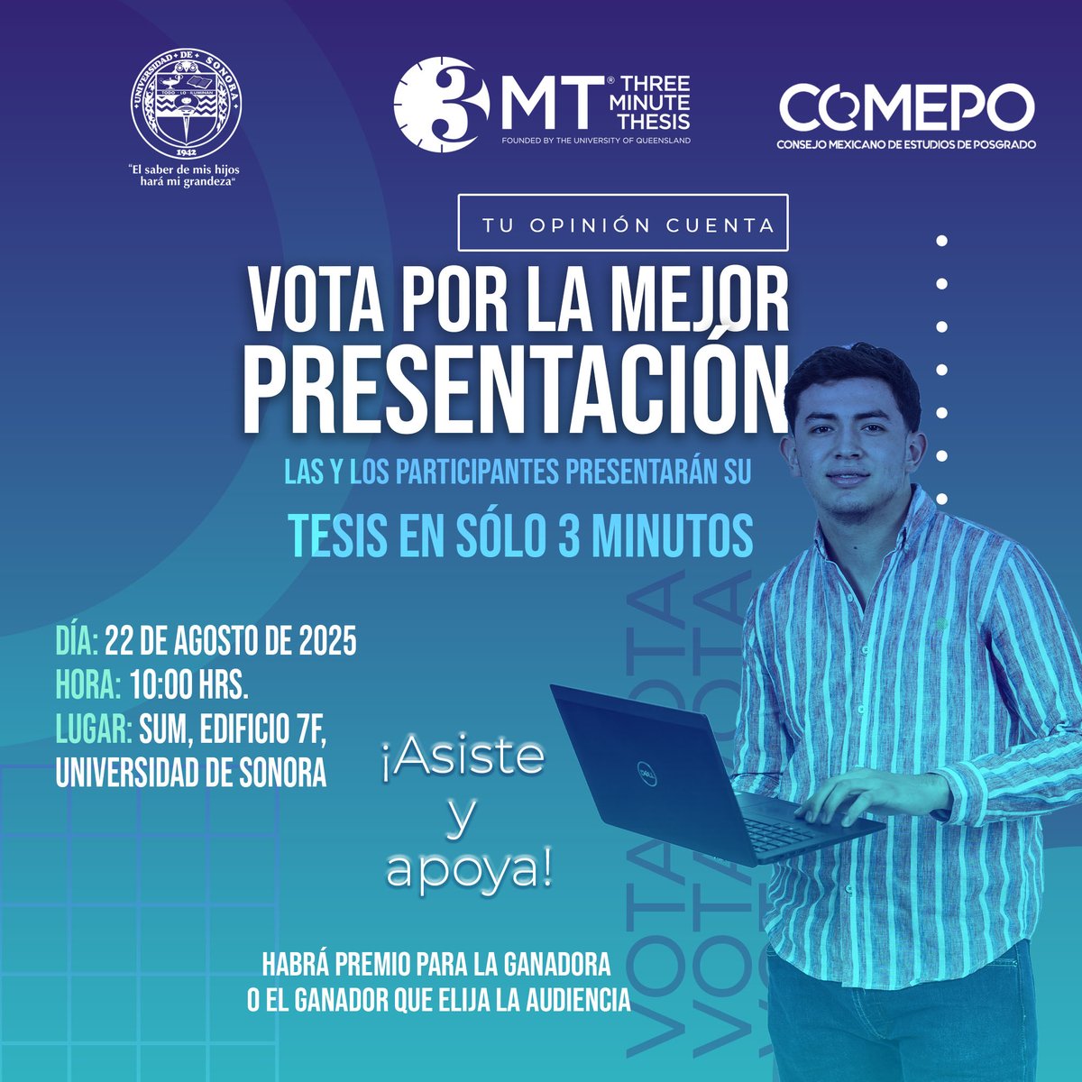 🚀✨¿Te imaginas explicar una tesis en solo 3 minutos? ¡Eso es lo que verás en el concurso 3MT de la <a href="/SoyUNISON/">Soy Unison</a>!
📲Sigue la transmisión EN VIVO a través de Facebook Posgrados UNISON
🙌¡tú podrás votar por tu participante favorito!
👉 Apoya a tu favorito. ¡Tu voto cuenta! 💡🔥