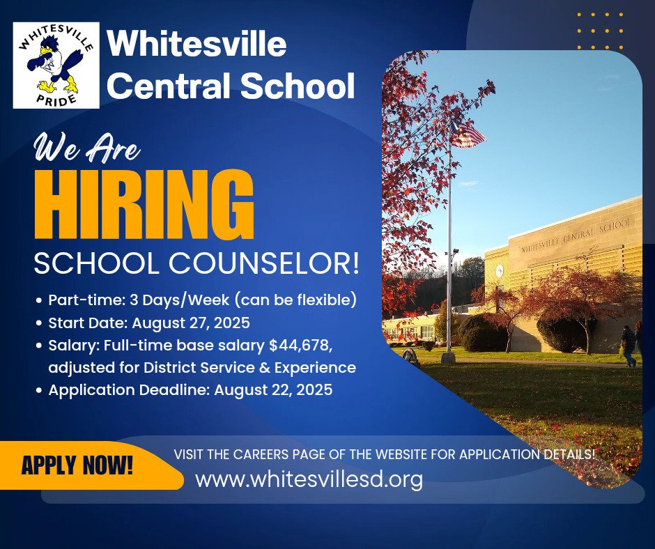 Check it out! WCS is looking to hire a School Counselor!  Head over to the Careers page of the WCS website for application details and other opportunities!

Careers | Whitesville Central School share.google/7PrW81E6t3L871…