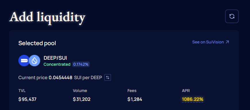 🔺Crypt-Tons🔺 (@crypt_tons) on Twitter photo 1086% APR.
YOU'RE READING THAT RIGHT
$1.2K+ in daily fees on just $95K TVL?
The DEEP/SUI pool isn't sleeping - it's f**ng printing 🔥
📚 <a href="/DeepBookonSui/">DeepBook Protocol on Sui</a>
⚓ Hosted by @fullsailfi 1086% APR.
YOU'RE READING THAT RIGHT
$1.2K+ in daily fees on just $95K TVL?
The DEEP/SUI pool isn't sleeping - it's f**ng printing 🔥
📚 <a href="/DeepBookonSui/">DeepBook Protocol on Sui</a>
⚓ Hosted by @fullsailfi