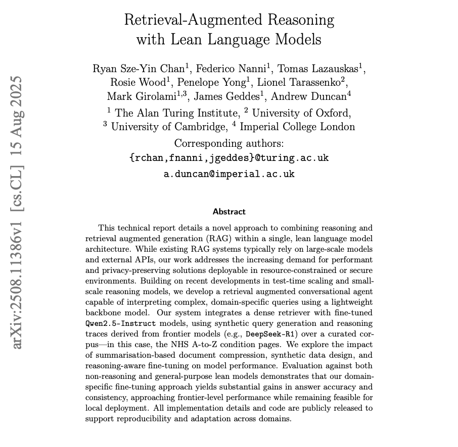 Retrieval-Augmented Reasoning with Lean Language Models

Great paper showing how to fuse RAG and reasoning into a single small-footprint language model.

Distillation works if done correctly.

Very exciting results!

Here are my notes: