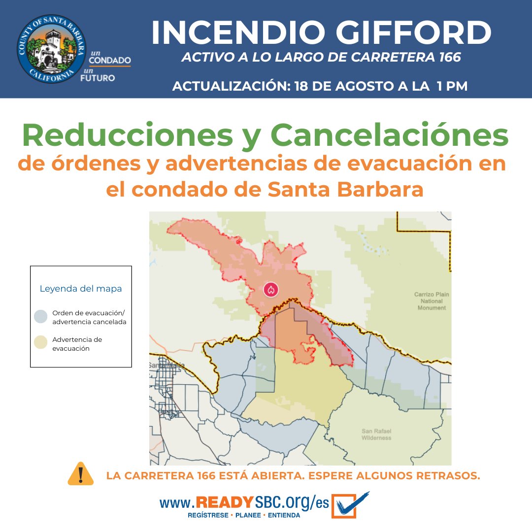 📢Actualización sobre el Incendio Gifford en el condado de Santa Barbara: Se reducen y cancelan órdenes y advertencias de evacuación. 
📍Más detalles en ReadySBC.org/emergencia 

#GiffordFire #ReadySBC #SantaBarbaraCounty