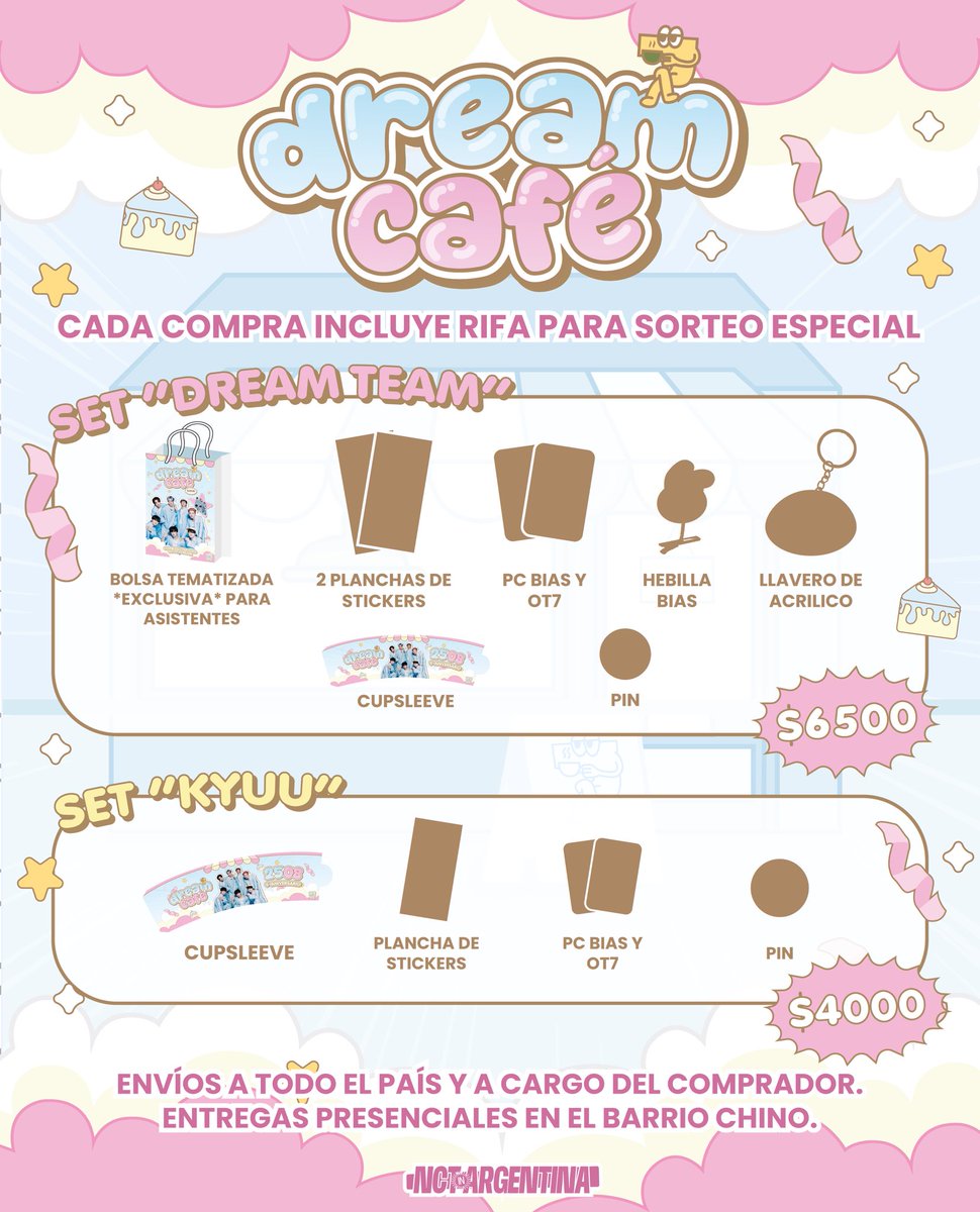 NCTinArgentina's tweet photo. 𝙀𝙫𝙚𝙣𝙩𝙤 𝘿𝙧𝙚𝙖𝙢 𝘾𝙖𝙛𝙚 ☕️🎉
¡Festejemos juntos el 9° aniversario de NCT Dream! 🌱

📍𝗟𝘂𝗴𝗮𝗿: Gökotta @.gokotta__cafe Arévalo 2870, Cañitas, CABA
📆 𝗙𝗲𝗰𝗵𝗮: Sábado 6 de Septiembre
⏰️ 𝗛𝗼𝗿𝗮𝗿𝗶𝗼𝘀: 
1er turno → 15:00 a 17:00 hs
2do turno → 17:30 a 19:30 hs

💚 Disfruta de una tarde llena de actividades, sorteos, sorpresas y una rica merienda mientras recordamos la trayectoria de DREAM juntos.

《𝗦𝗘𝗧𝗦 𝗗𝗜𝗦𝗣𝗢𝗡𝗜𝗕𝗟𝗘𝗦》

☆ 𝗗𝗥𝗘𝗔𝗠 𝗧𝗘𝗔𝗠: $6500
Bolsa tematizada (exclusivo para asistentes) + photocard bias y ot7 + llavero de acrílico + pin + hebilla bias + 2 planchas de stickers + cupsleeve.

☆ 𝗞𝗬𝗨𝗨: $4000
Photocard bias y ot7 + pin + 1 plancha de stickers + cupsleeve.

Elegí tu set y participa por premios increíbles 🎁
¿No podes venir? También enviaremos sets a todo el país (+info en la imagen).

Recuerden ser puntuales para aprovechar la experiencia completa ¡Los esperamos!

LINK FORMULARIO:
 🔗 https://t.co/q77ZJChakO

*Durante el evento se deberá realizar una consumisión en la cafetería.
**Cupos limitados.
***Formulario abierto hasta el viernes 22 de agosto o hasta agotar lugares.

THE DREAM SHOW 4 EN ARGENTINA 

#7DreamCafeinARG #TDS4inARGENTINA 
@dfallaccess @moveconcertsarg @MovistarArenaAR @livenationlatam