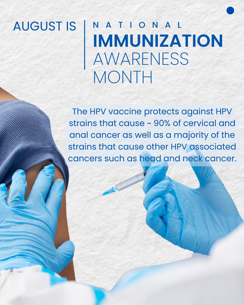 August is National Immunization Awareness Month 💉 The HPV vaccine is a safe and effective tool to prevent cervical and other cancers 🎗️ Talk to your doctor (or your child's doctor) today! 👩‍⚕️ #HPV #HPVcancer #HPVvaccine #GetVaccinated #StopCervicalCancer #CervicalCancer