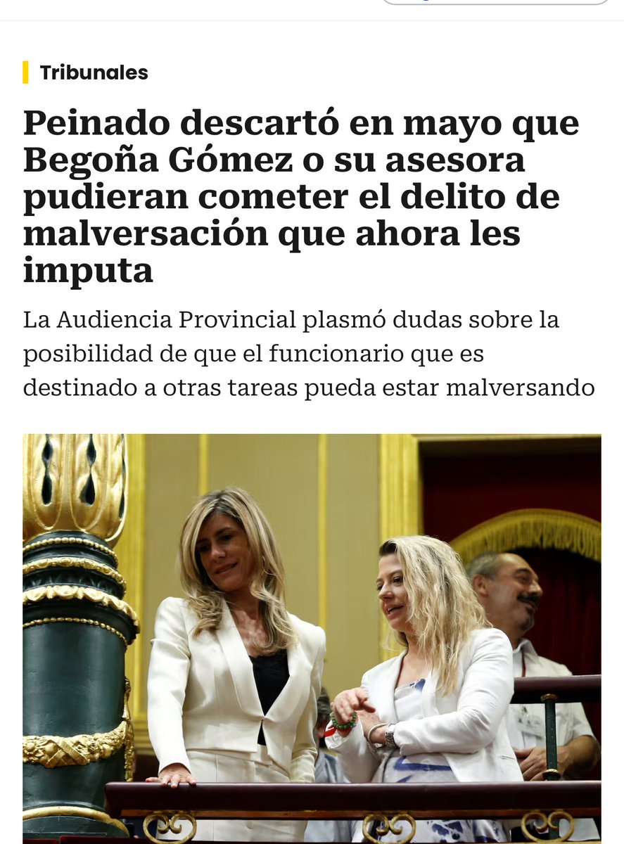 El juez Peinado descartó en mayo que Begoña Gómez o su asesora pudieran cometer el delito de malversación que ahora les imputa. 

Está para que lo inhabiliten! 
cadenaser.com/nacional/2025/…