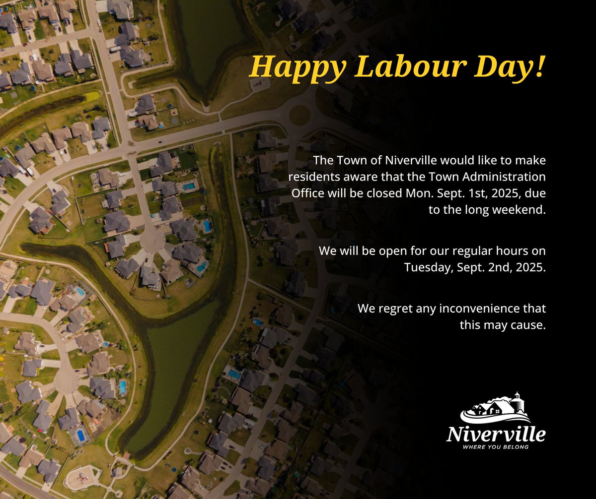 The Town Office will be closed on Monday, Sept. 1st, 2025, due to the Labour Day Long Weekend. 

We will be open for regular hours on Tuesday, Sept. 2nd, 2025.

We regret any inconvenience that this may cause.