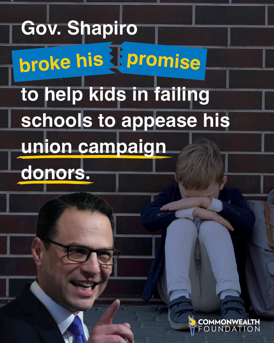 Commonwealth Foundation (@mycommonwealth) on Twitter photo .<a href="/GovernorShapiro/">Governor Josh Shapiro</a> promised to support Lifeline Scholarships for kids in failing schools. Once in office, he vetoed his own promise to appease the teachers' unions that backed his campaign.
In this year's budget, he MUST make things right. State lawmakers MUST make sure of it. .<a href="/GovernorShapiro/">Governor Josh Shapiro</a> promised to support Lifeline Scholarships for kids in failing schools. Once in office, he vetoed his own promise to appease the teachers' unions that backed his campaign.
In this year's budget, he MUST make things right. State lawmakers MUST make sure of it.