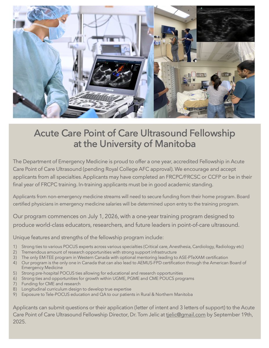 Tom Jelic (@tomjelic) on Twitter photo We are recruiting for our 2026 Acute Care POCUS fellows at <a href="/UManitoba_Emerg/">University of Manitoba FRCPC EM Residency</a>. Join our award winning faculty, high volume nerve block program and still the only ED-based TEE program in Western Canada! Contact me for details. Deadline Sept 19. We are recruiting for our 2026 Acute Care POCUS fellows at <a href="/UManitoba_Emerg/">University of Manitoba FRCPC EM Residency</a>. Join our award winning faculty, high volume nerve block program and still the only ED-based TEE program in Western Canada! Contact me for details. Deadline Sept 19.